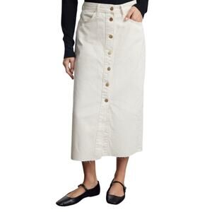 Zara White Button Front Denim Midi Skirt Raw Hem Cotton Size M